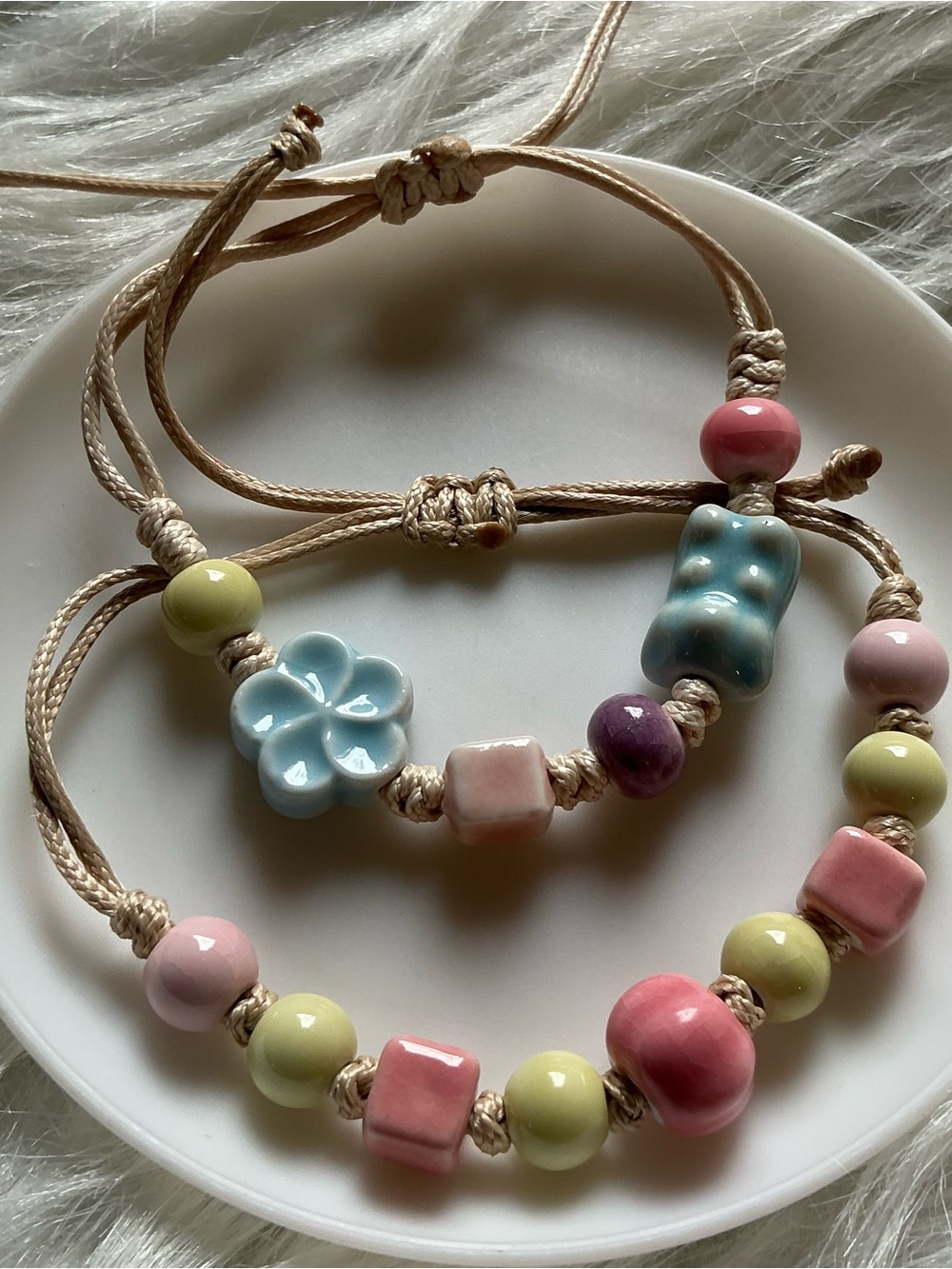 Two Cute Ceramic Bead Adjustable String Bracelets